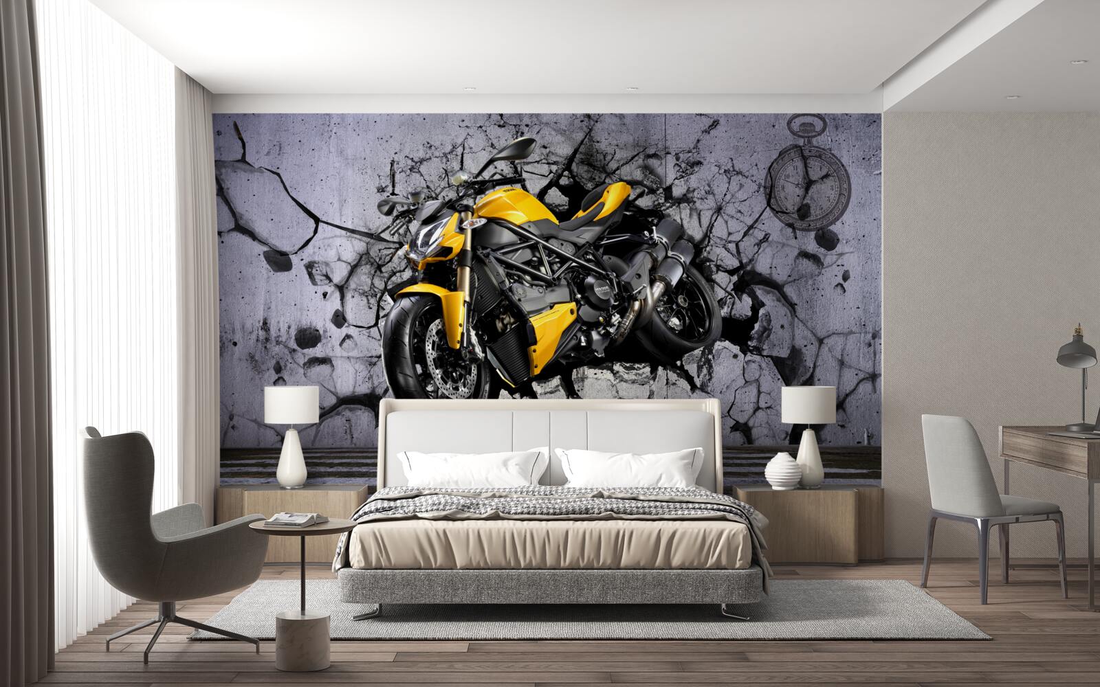 Papier peint Moto jaune sur graffiti