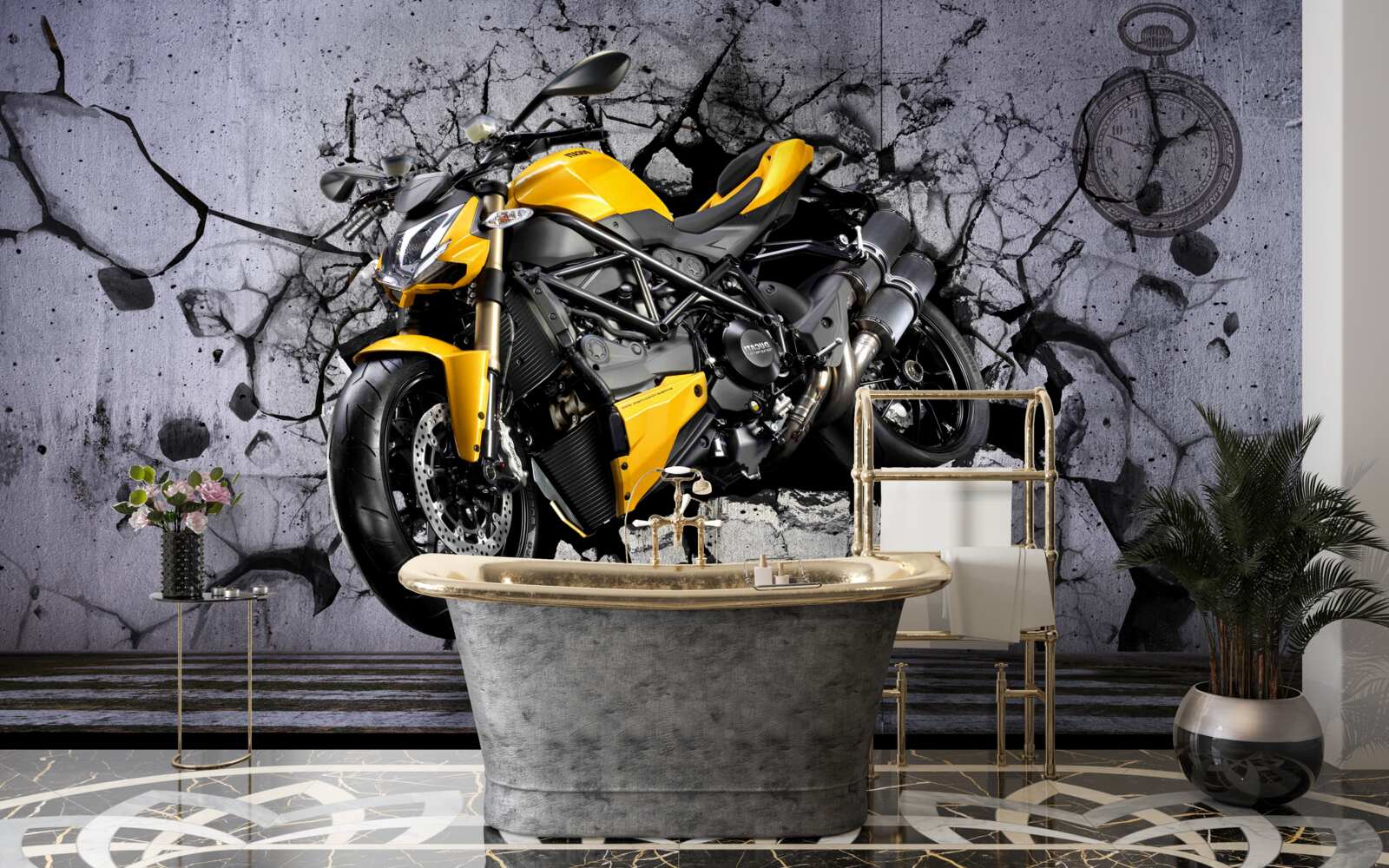 Papier peint Moto jaune sur graffiti