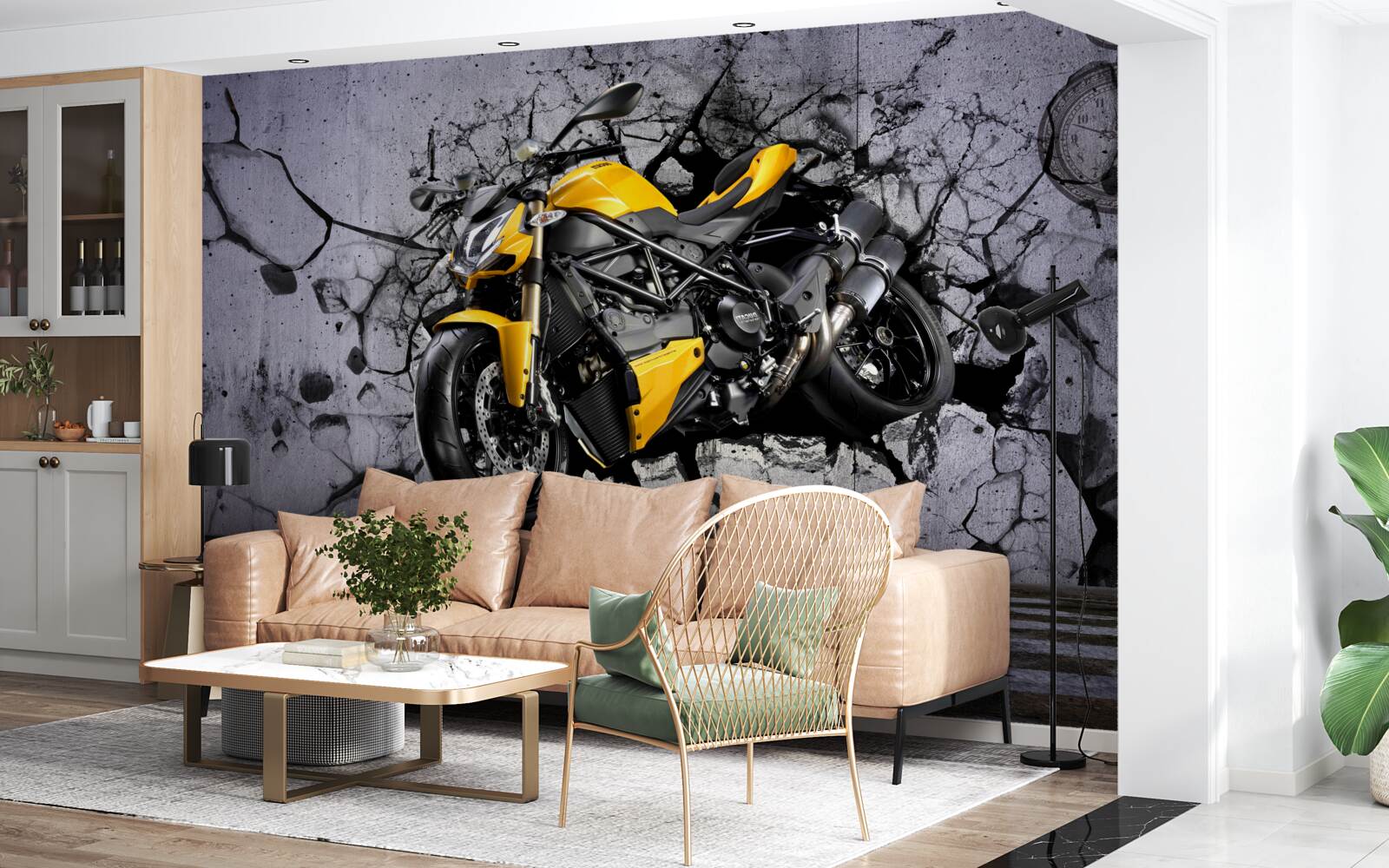 Papier peint Moto jaune sur graffiti