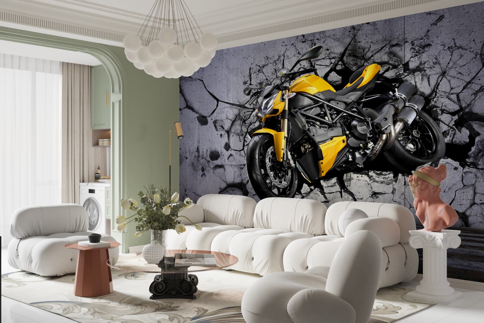Papier peint Moto jaune sur graffiti