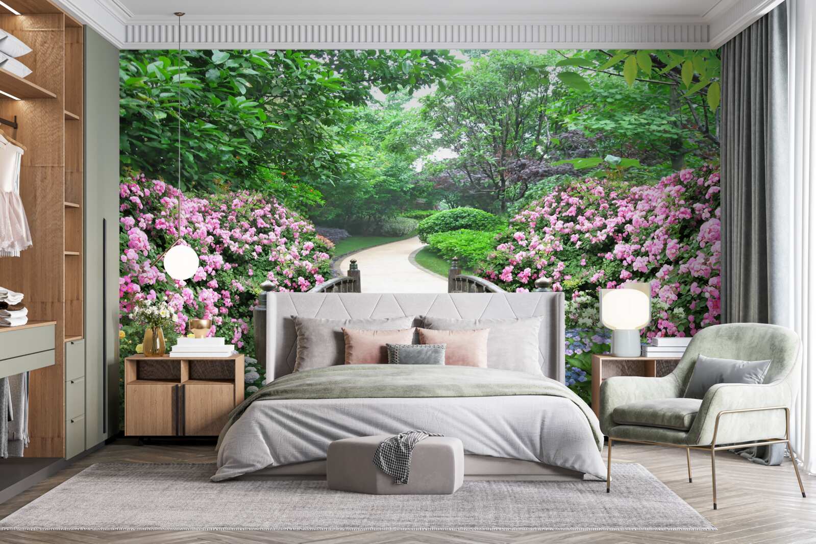 Papier peint un pittoresque pont en bois traversant une forêt d'arbres en fleurs