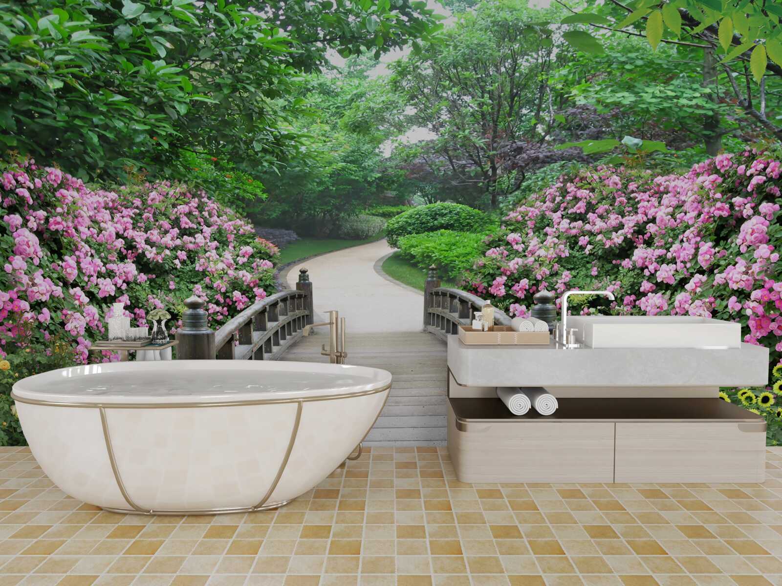 Papier peint un pittoresque pont en bois traversant une forêt d'arbres en fleurs