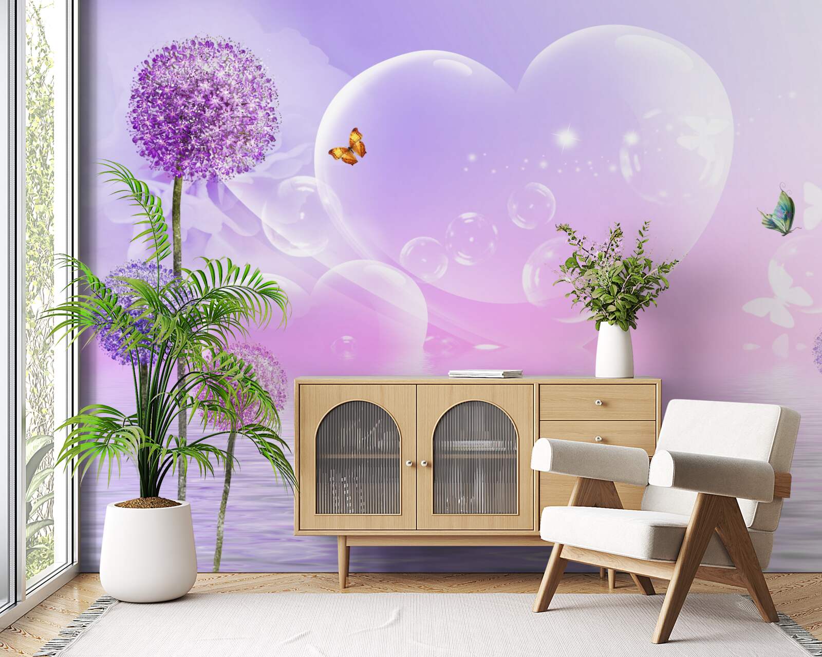 Papier peint fleurs violettes sur fond d'eau et de cœurs