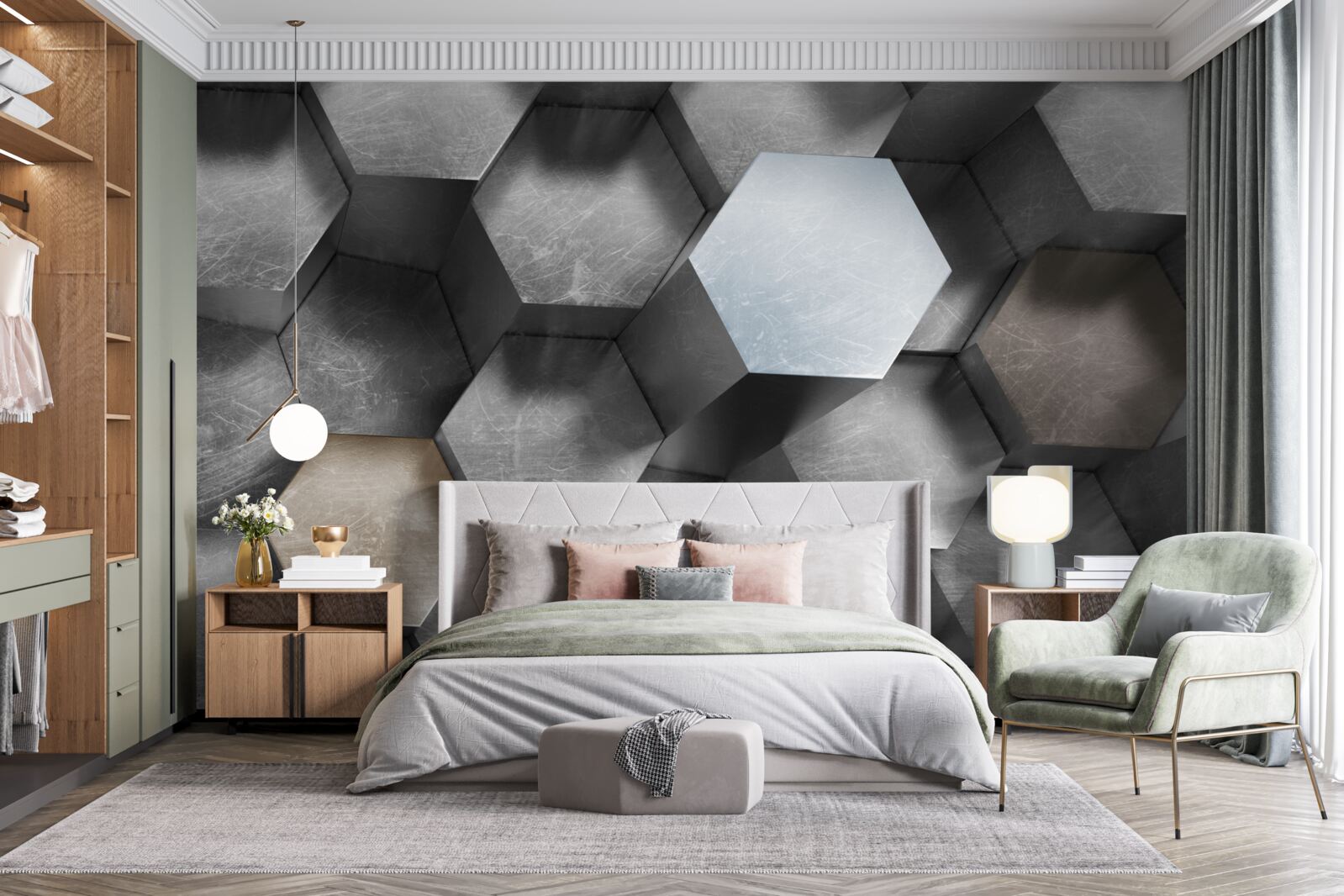 Papier peint cylindres de forme hexagonale qui flottent et sont allongés