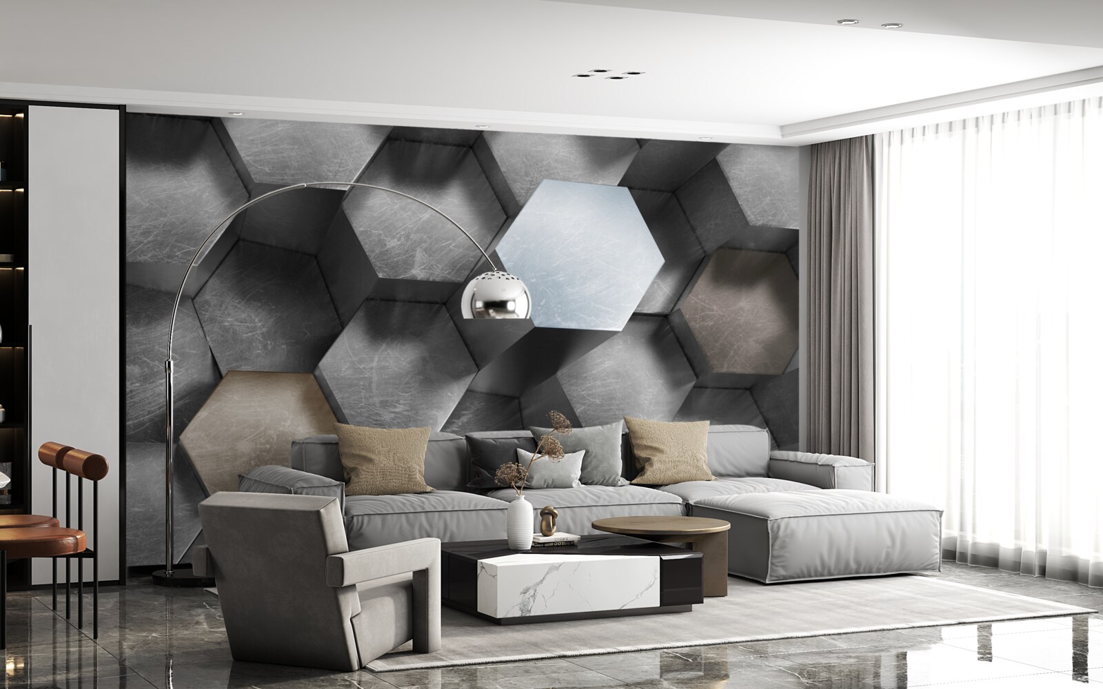Papier peint cylindres de forme hexagonale qui flottent et sont allongés