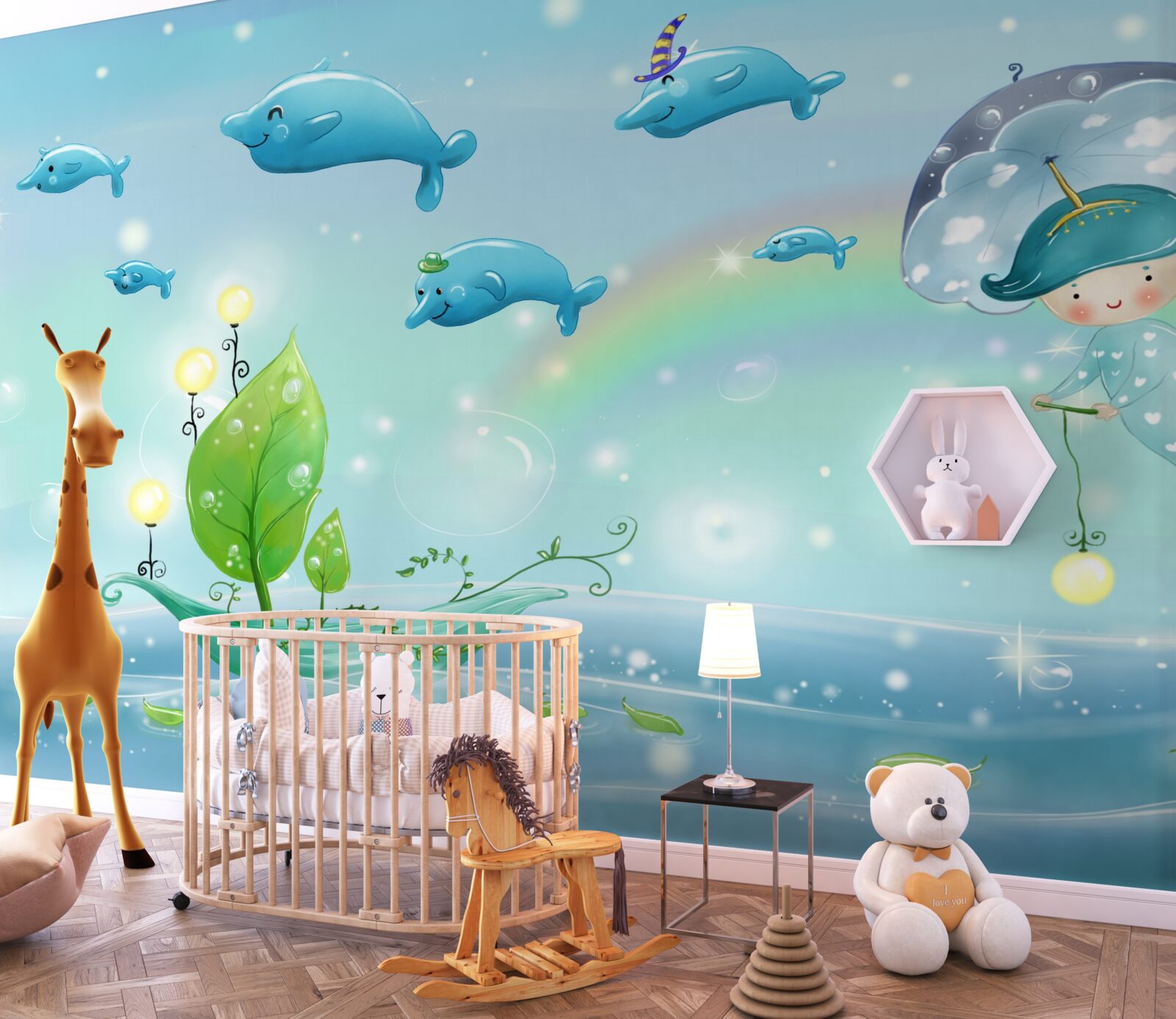Papier peint des dauphins avec un sourire et un bébé
