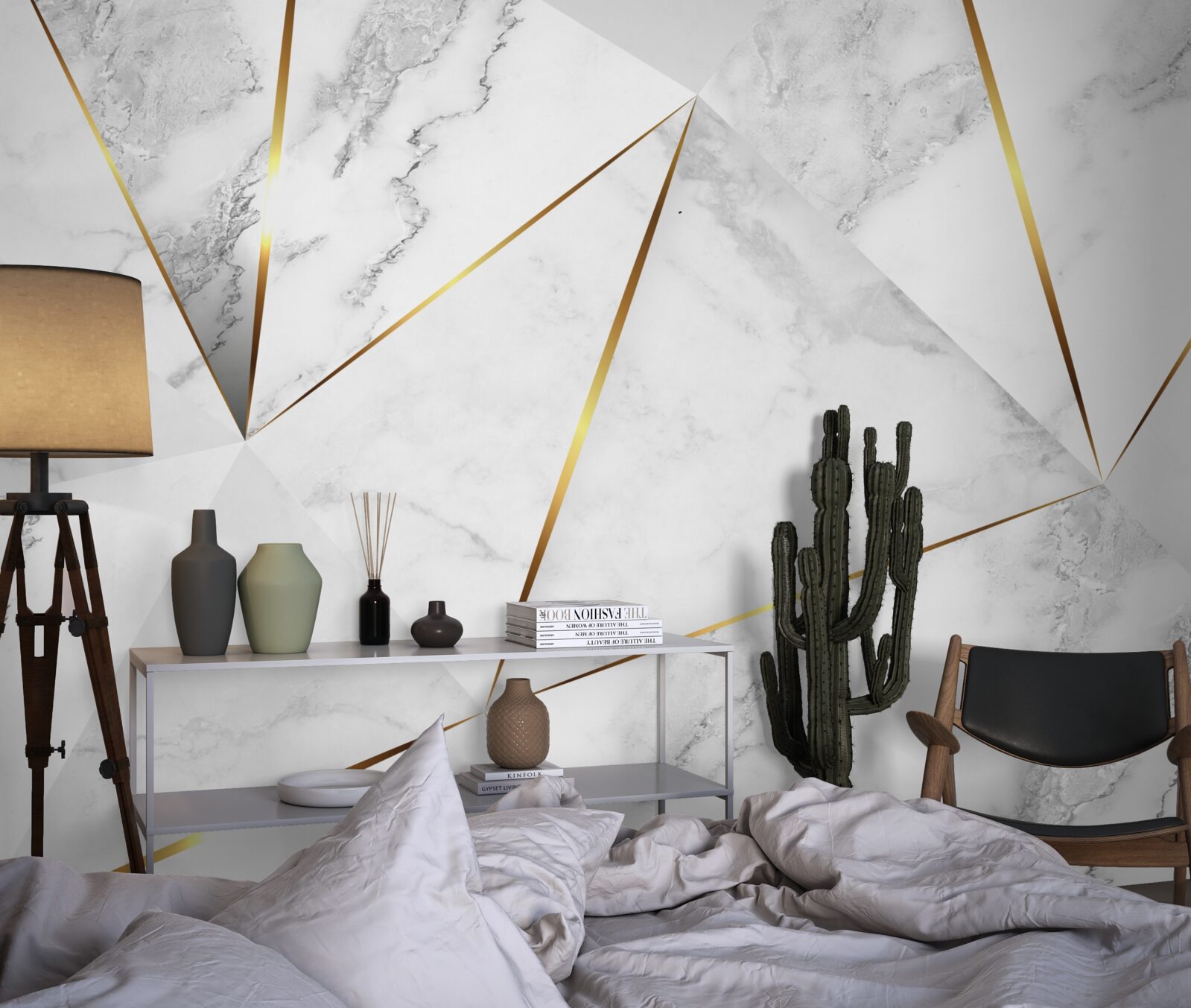 Papier peint triangles avec une bordure dorée sur fond clair