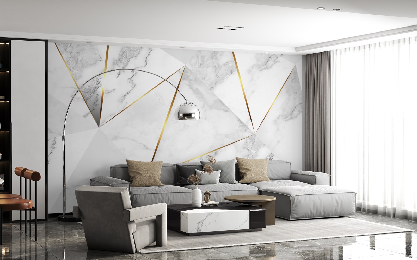 Papier peint triangles avec une bordure dorée sur fond clair