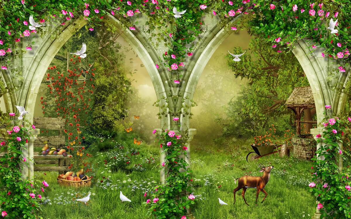 Papier peint Arches en pierre verte avec des images d'animaux