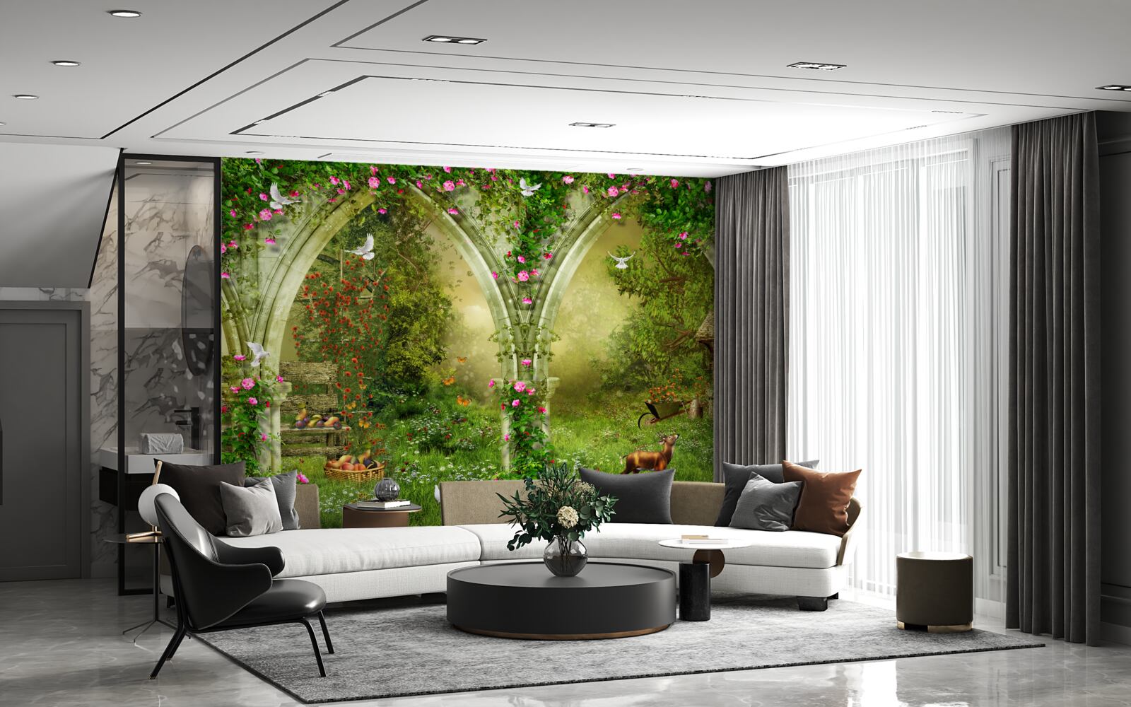 Papier peint Arches en pierre verte avec des images d'animaux