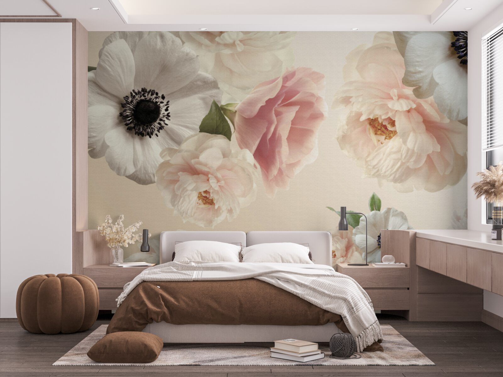 Papier peint rose rose avec coquelicot blanc