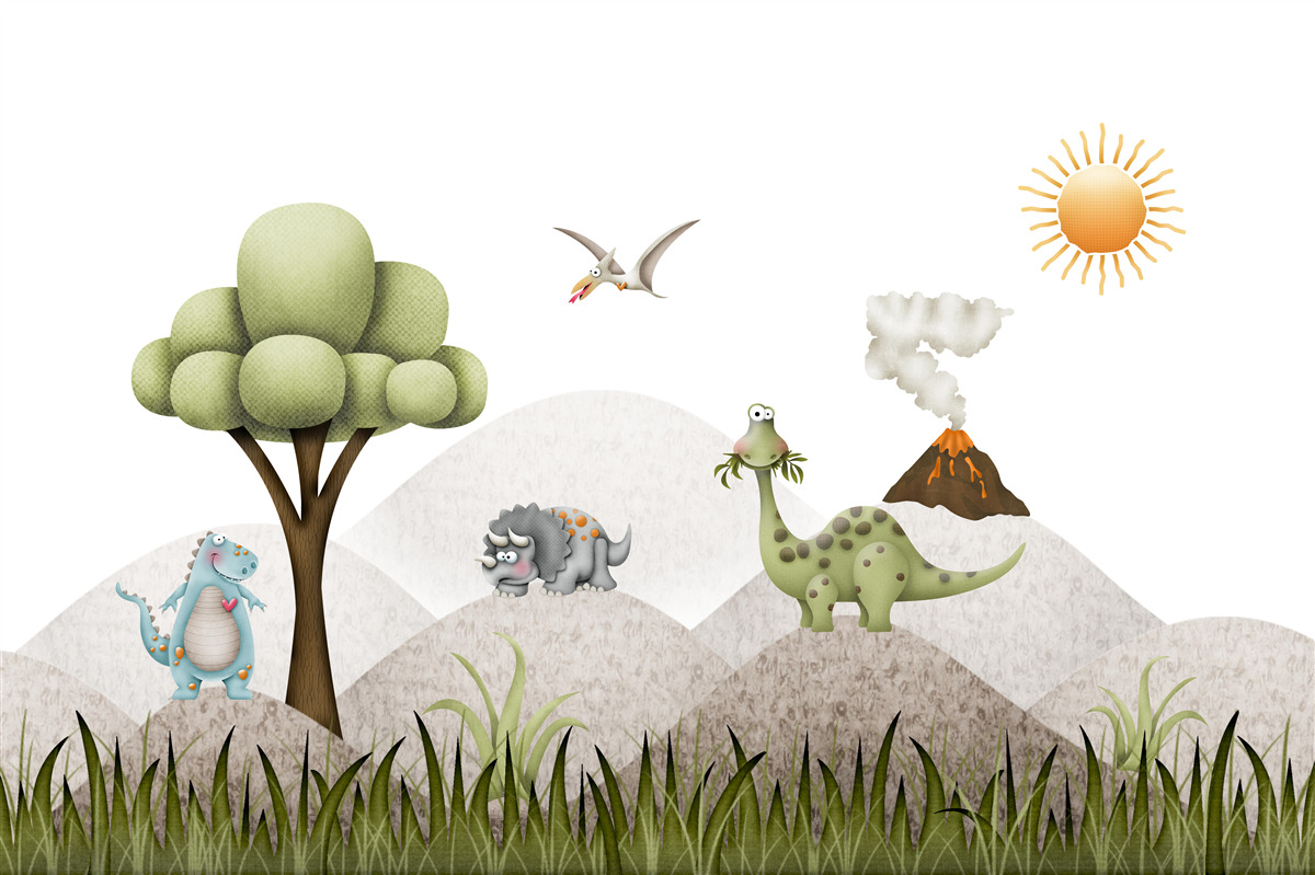 Papier peint Les dinosaures passent devant un volcan