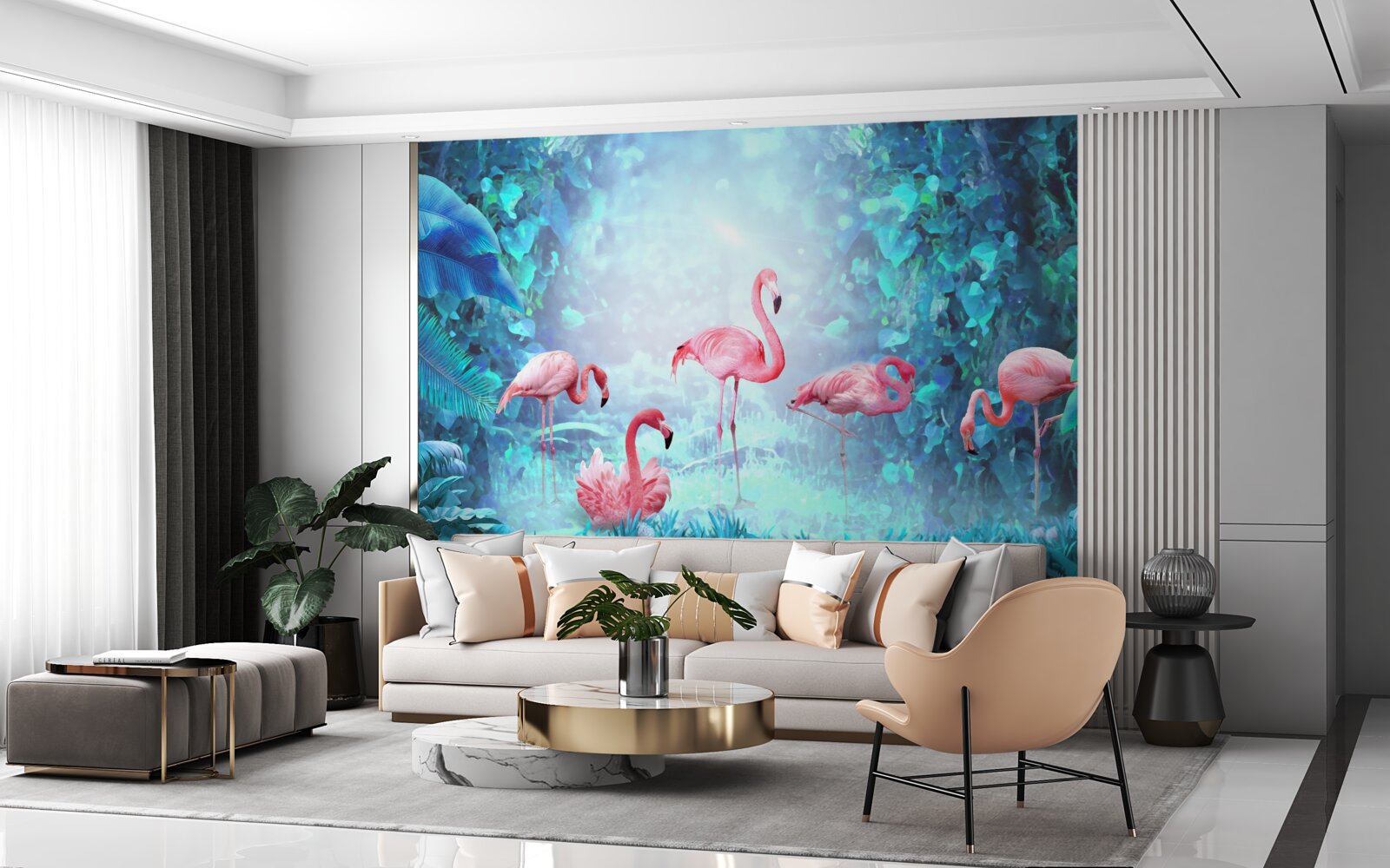 Papier peint flamants roses dans les eaux nocturnes