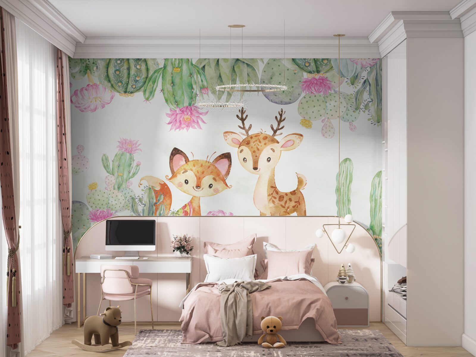 Papier peint petit renard et jeune cerf