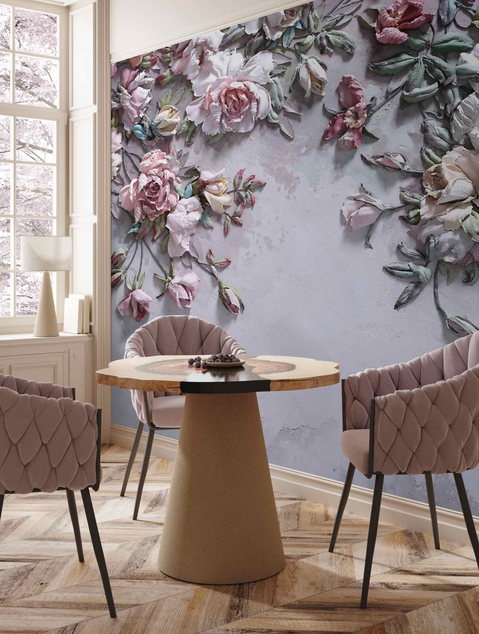 Papier peint les fleurs se déploient dans l'aube brumeuse