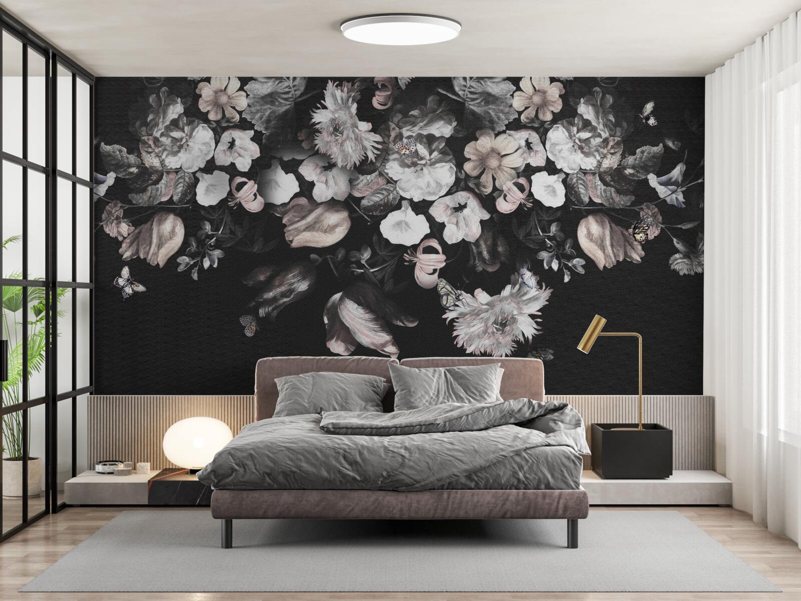 Papier peint boutons de fleurs blanches sur fond sombre