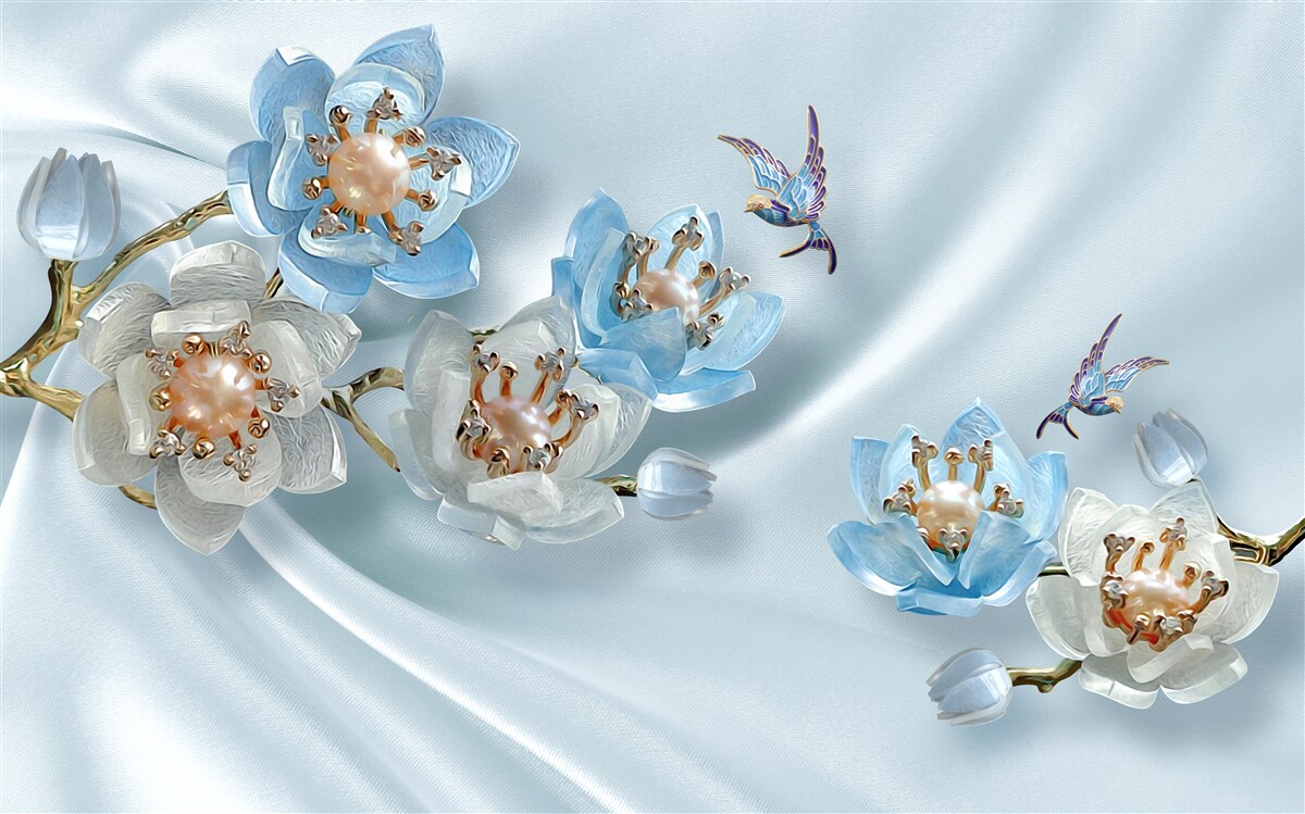Papier peint branche de magnolia décorée de perles et d'or sur fond de soie
