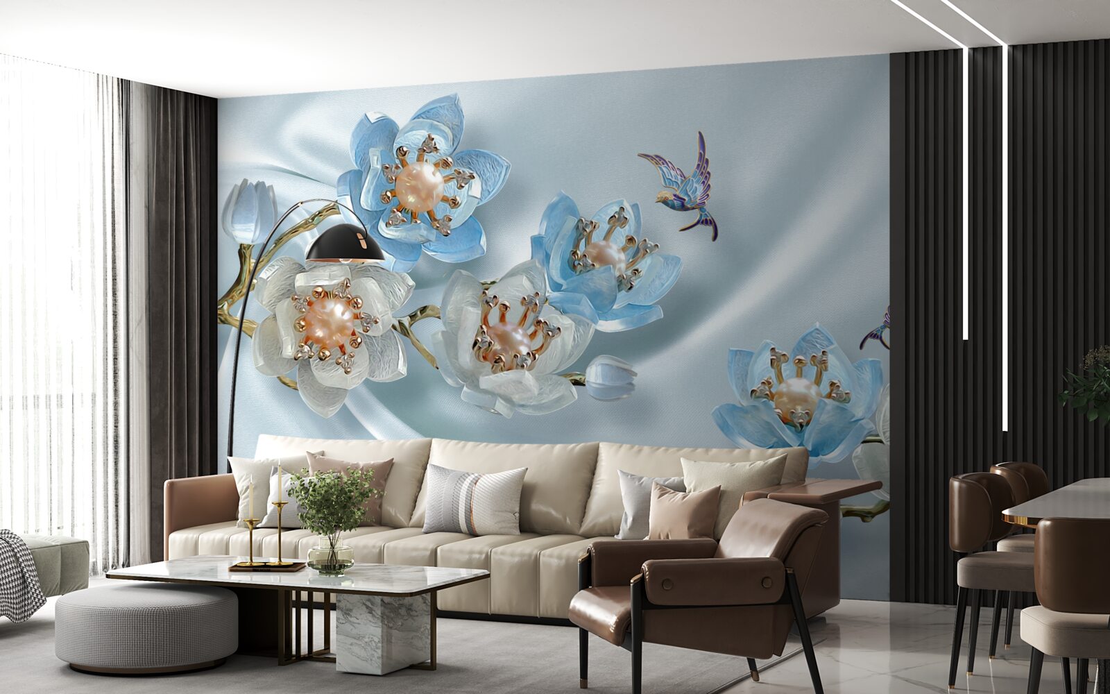 Papier peint branche de magnolia décorée de perles et d'or sur fond de soie