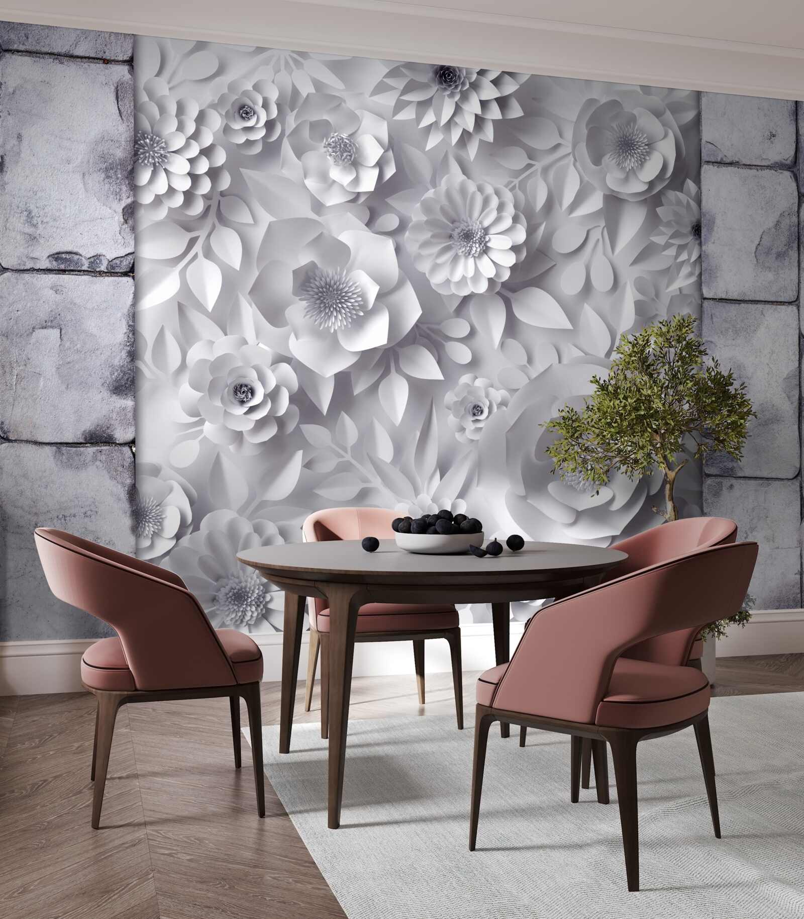 Papier peint fleurs multicolores en trois dimensions sur fond de briques