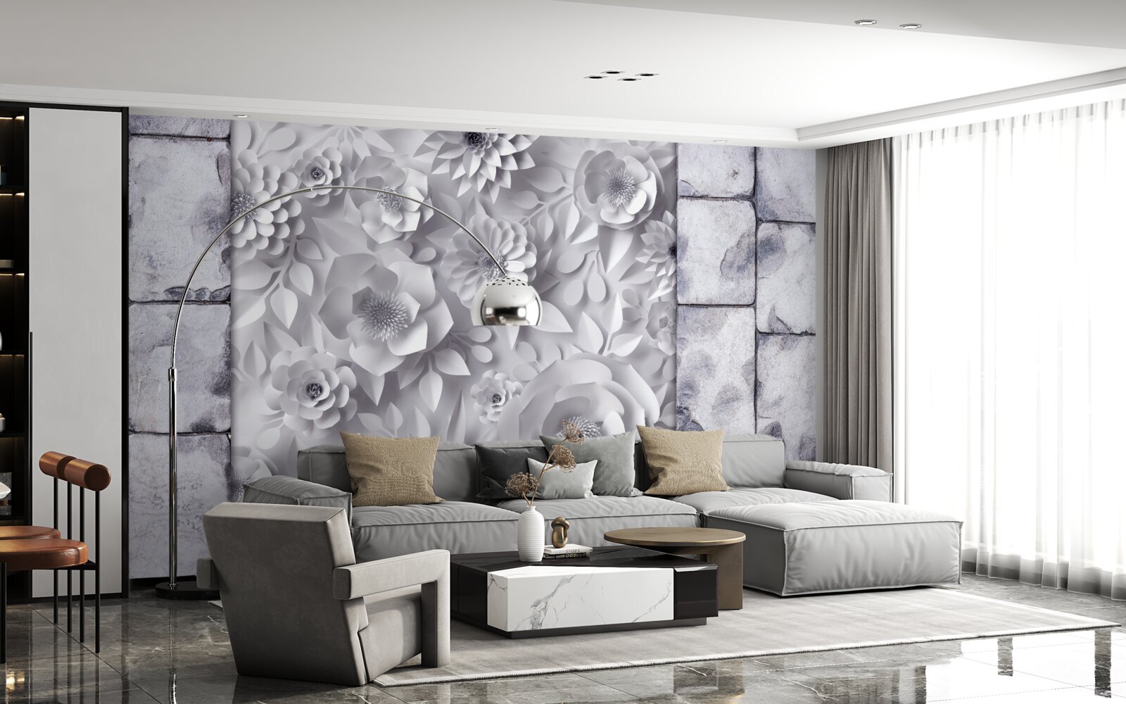 Papier peint fleurs multicolores en trois dimensions sur fond de briques