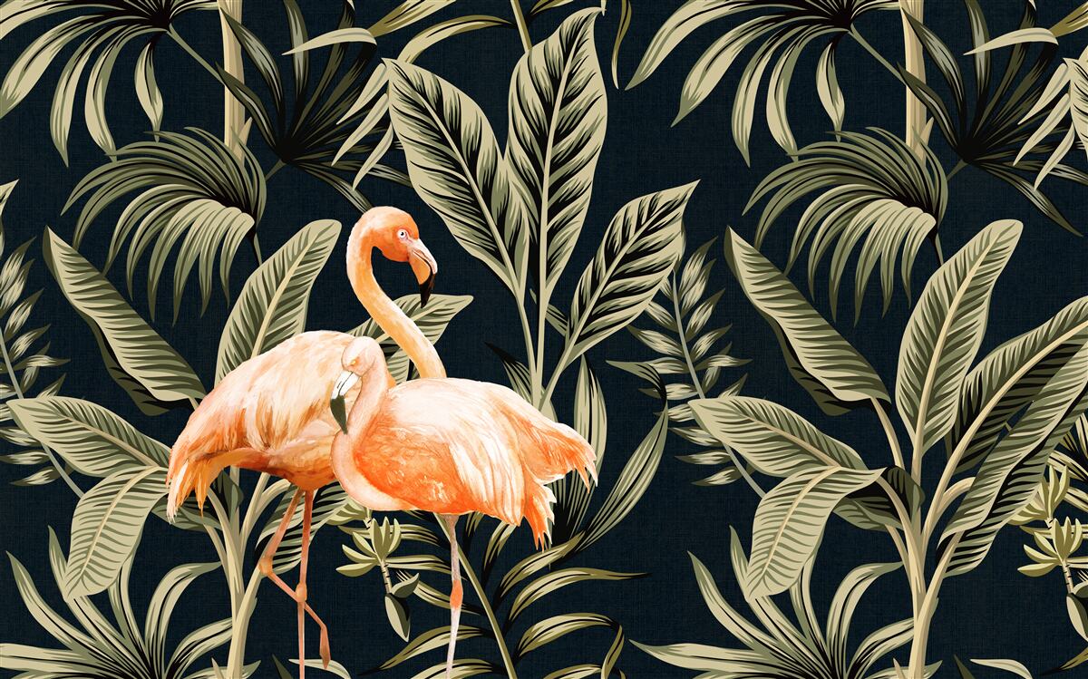 Papier peint Les flamants roses se promènent dans la forêt