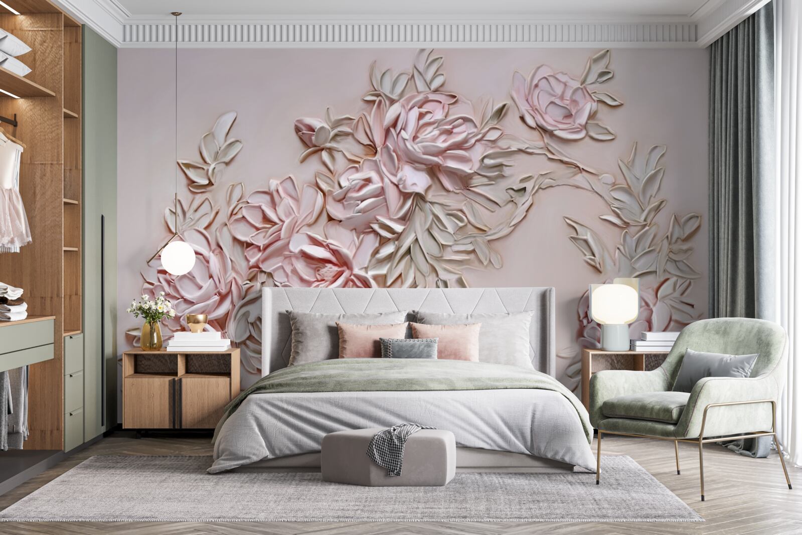 Papier peint feuilles vertes sur une branche de fleurs roses