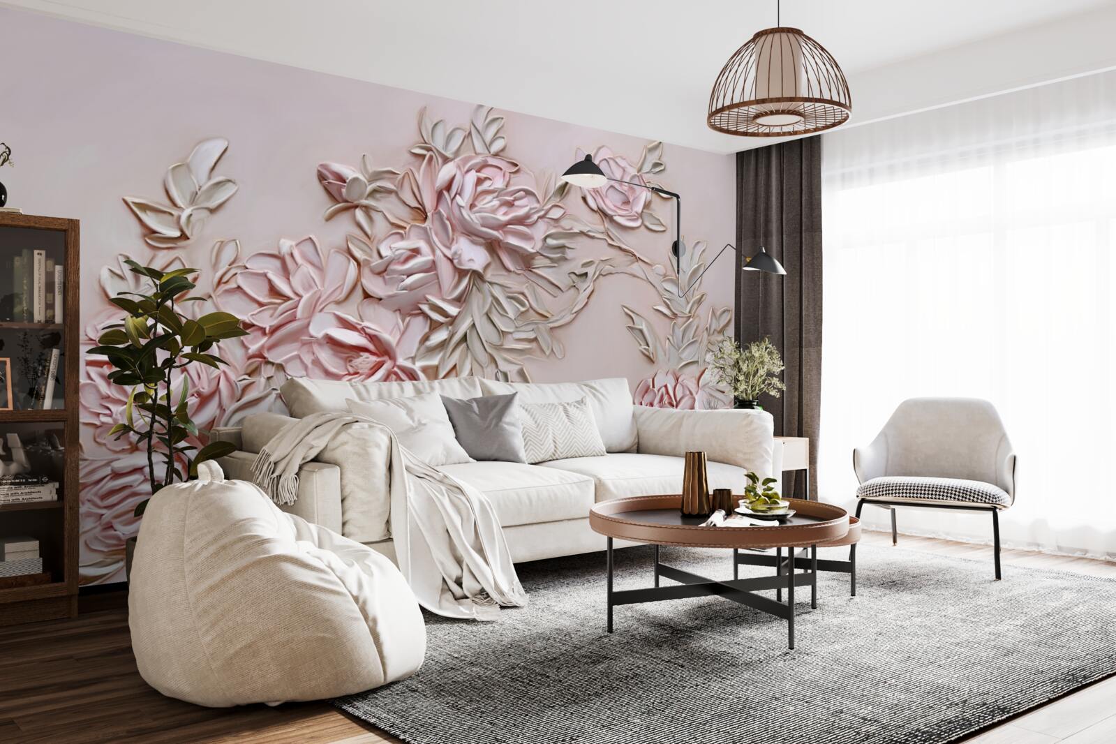 Papier peint feuilles vertes sur une branche de fleurs roses