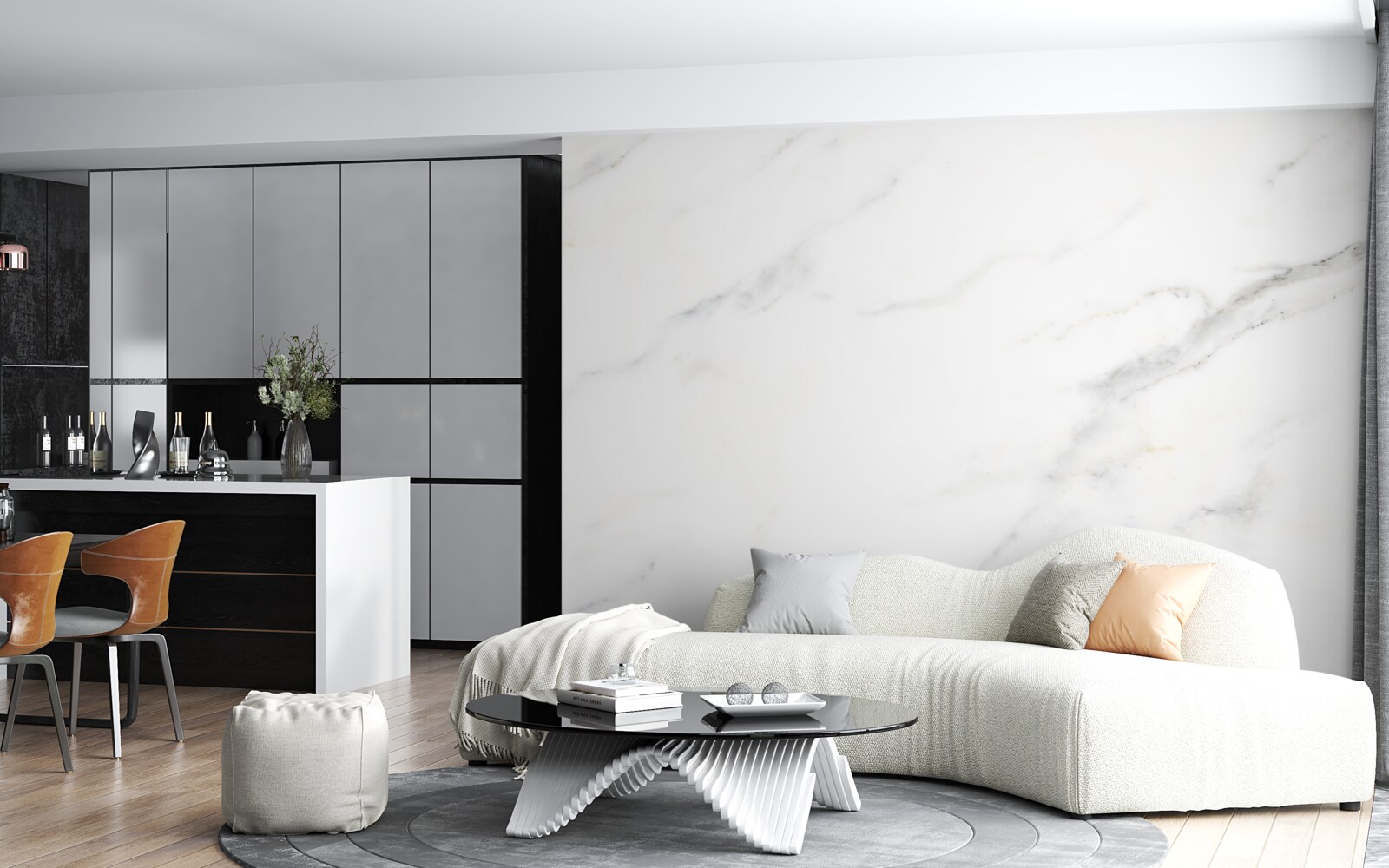 Papier peint marbre blanc avec motifs ondulés gris