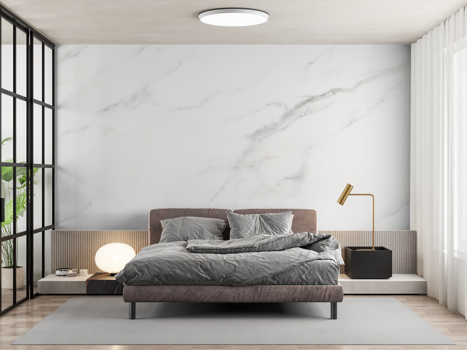 Papier peint marbre blanc avec motifs ondulés gris
