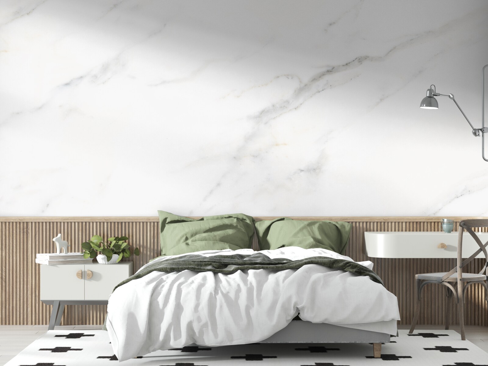 Papier peint marbre blanc avec motifs ondulés gris