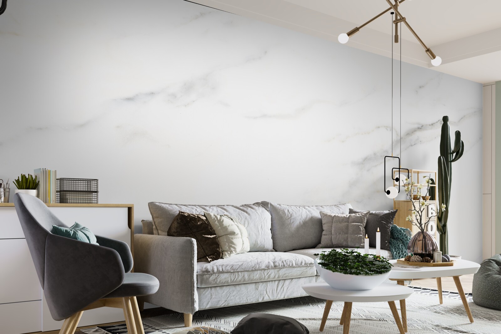 Papier peint marbre blanc avec motifs ondulés gris