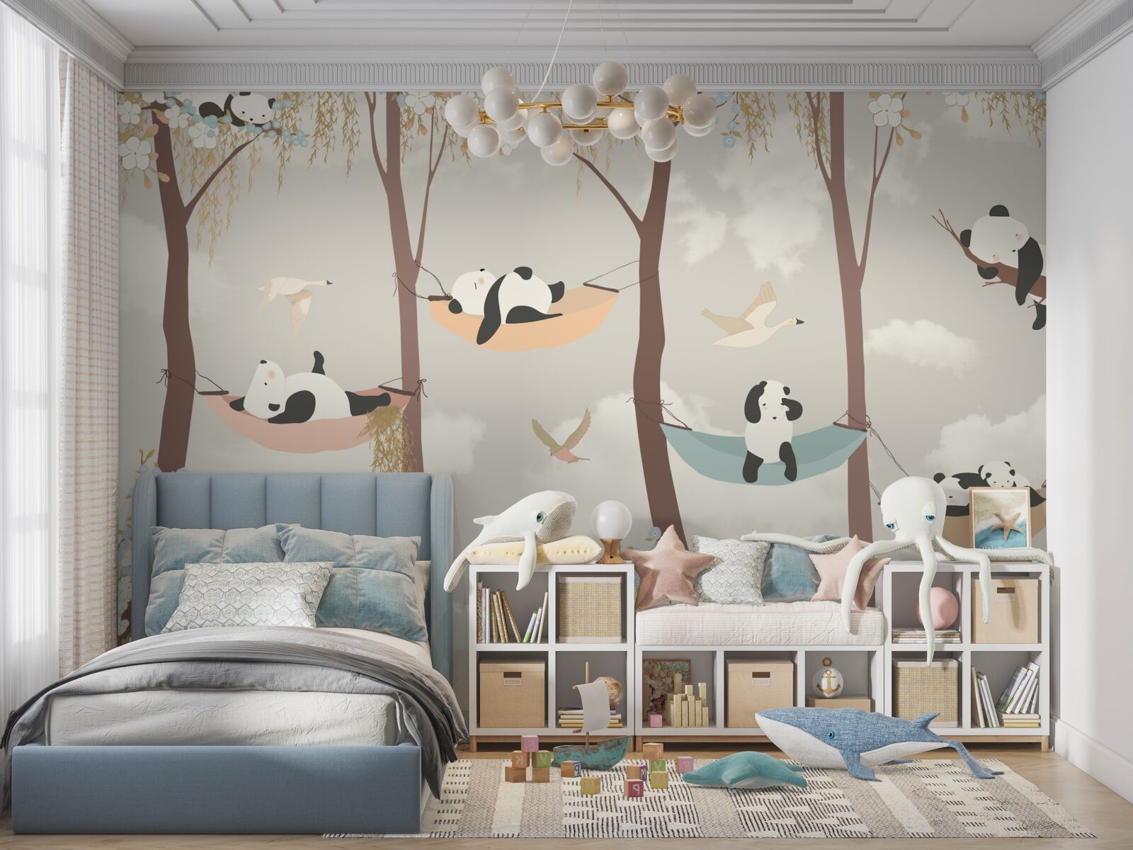 Papier peint pandas se reposant sur des hamacs