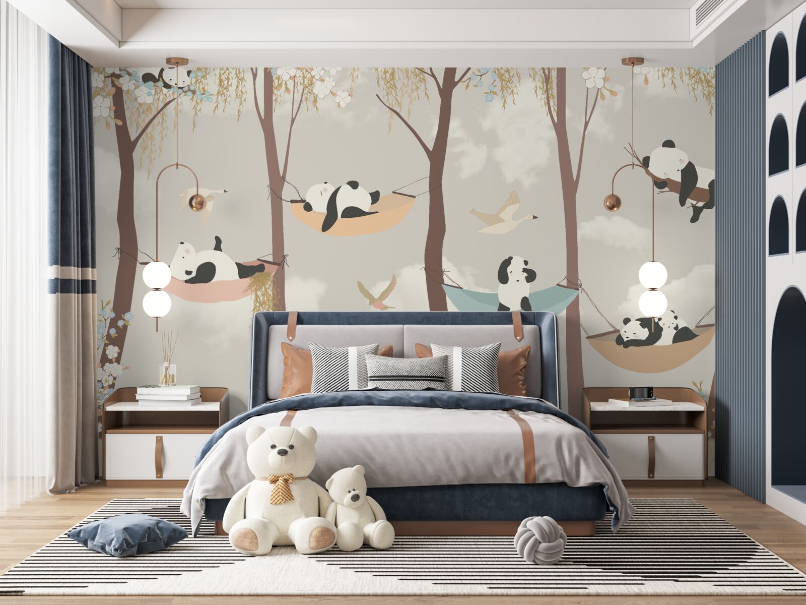 Papier peint pandas se reposant sur des hamacs