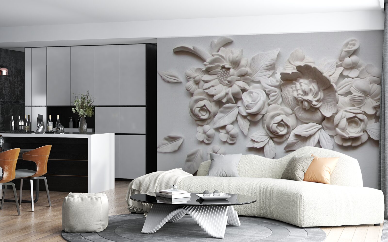 Papier peint relief avec fleurs blanches