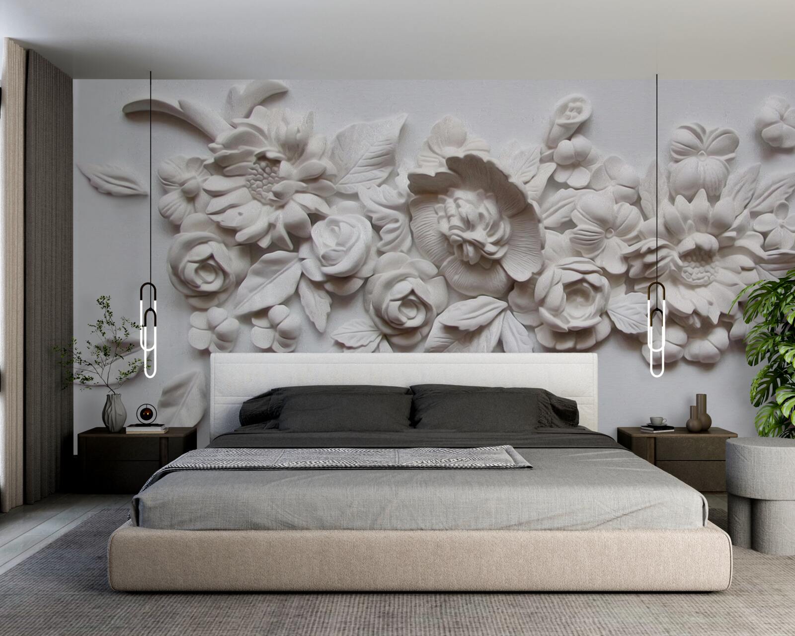 Papier peint relief avec fleurs blanches
