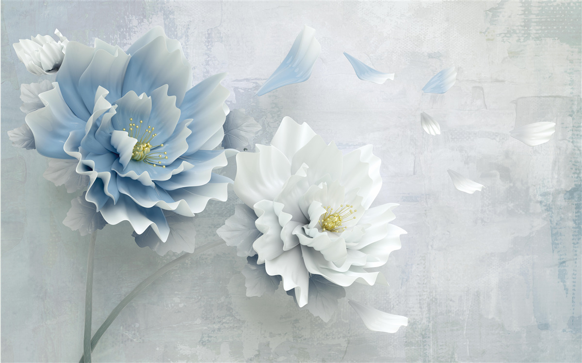 Papier peint image abstraite d'une fleur blanche et bleue sur fond de montagne