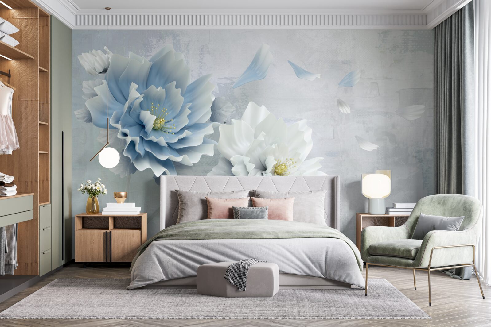 Papier peint image abstraite d'une fleur blanche et bleue sur fond de montagne