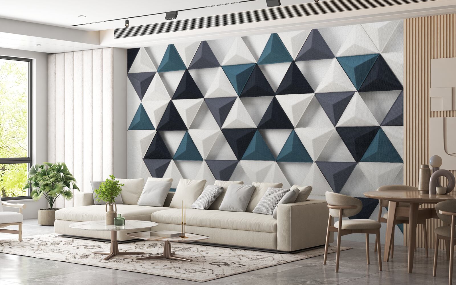 Papier peint triangles volumétriques dans les tons blanc et émeraude