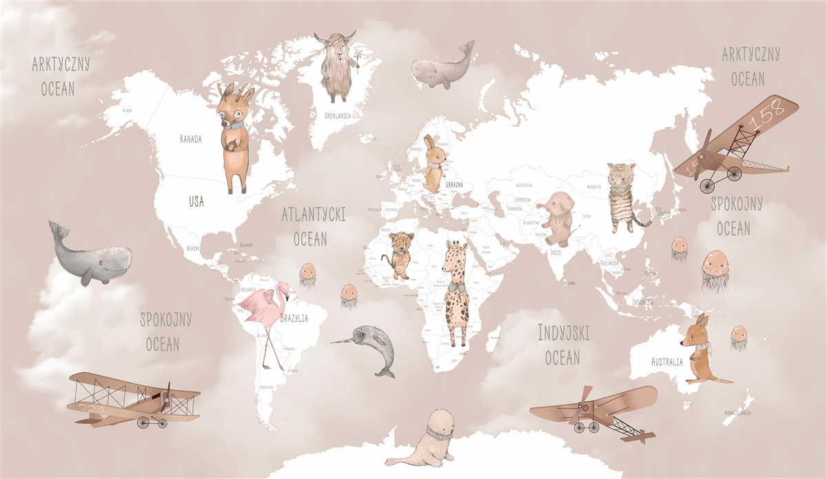 Papier peint carte du monde avec des images d'animaux et d'avions à hélice