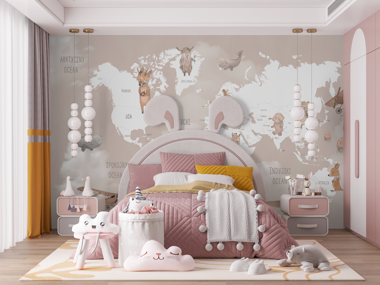 Papier peint carte du monde avec des images d'animaux et d'avions à hélice