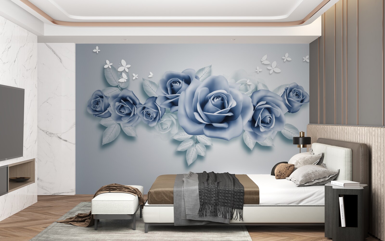 Papier peint Papillons blancs comme neige et roses bleues tendres