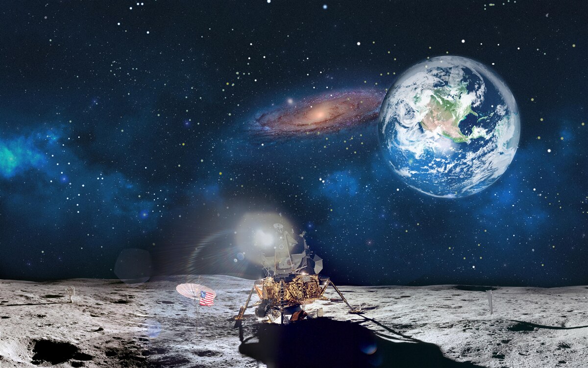Papier peint vue de la terre depuis la perspective cosmique de la lune avec des éléments futuristes