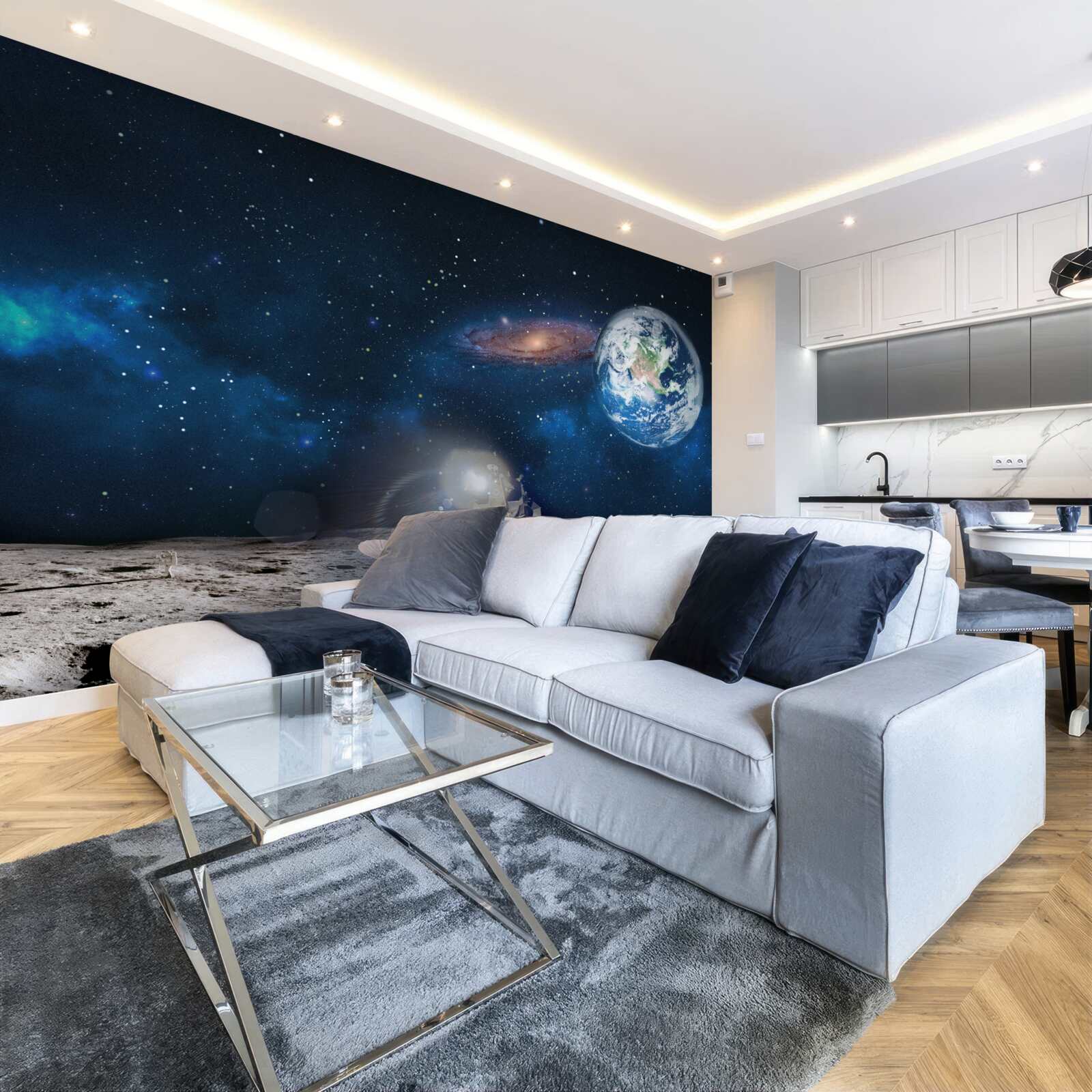 Papier peint vue de la terre depuis la perspective cosmique de la lune avec des éléments futuristes