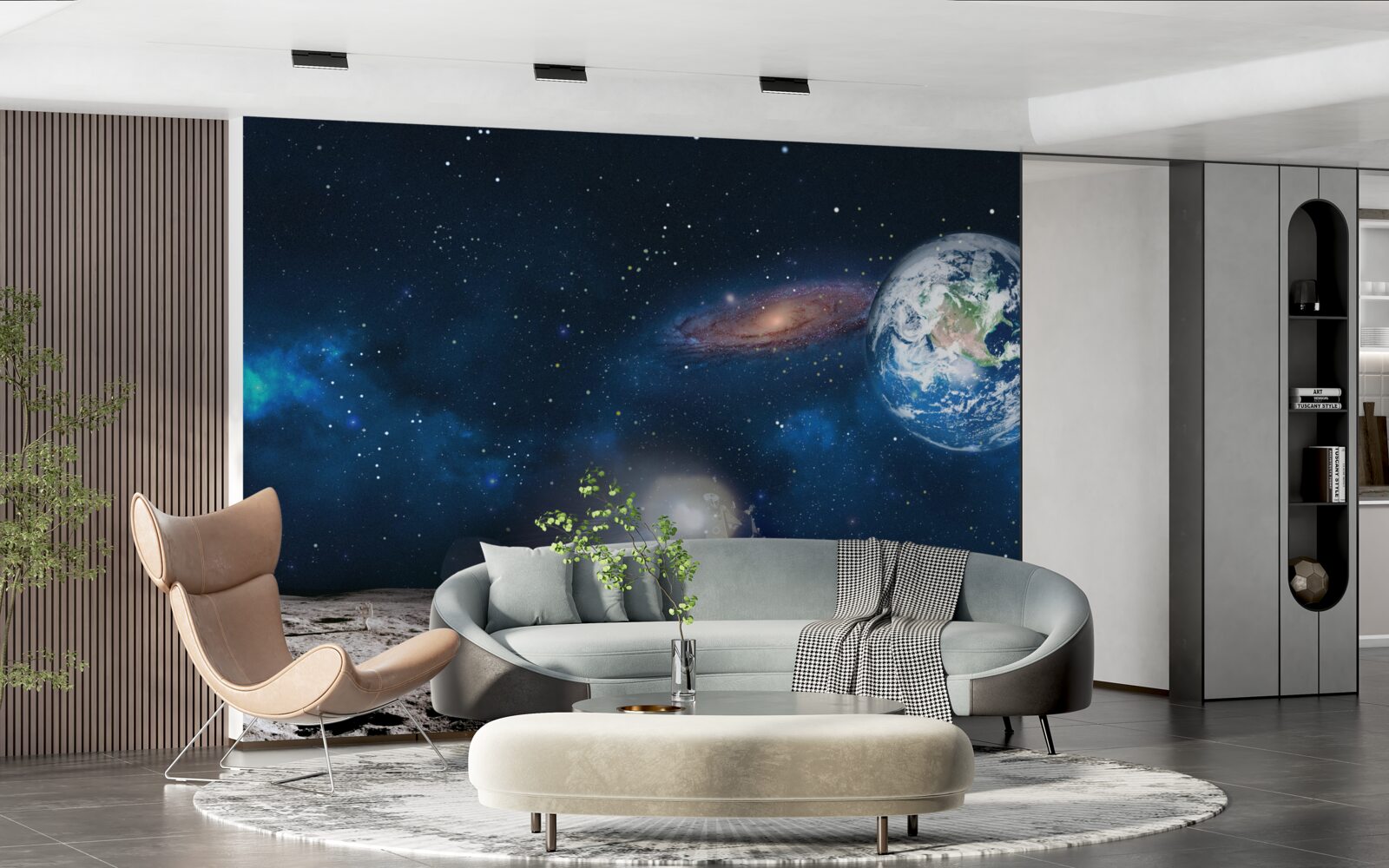 Papier peint vue de la terre depuis la perspective cosmique de la lune avec des éléments futuristes