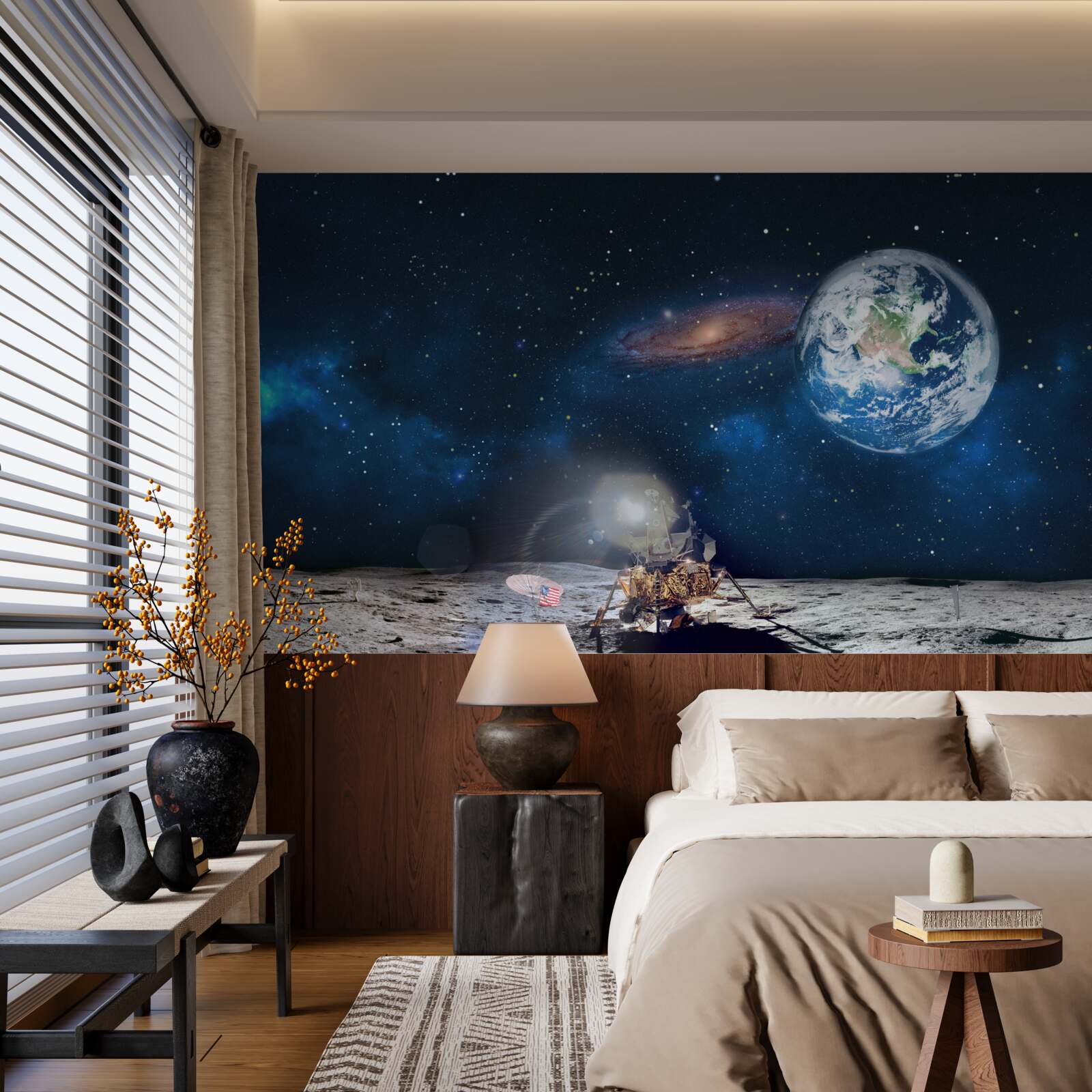 Papier peint vue de la terre depuis la perspective cosmique de la lune avec des éléments futuristes