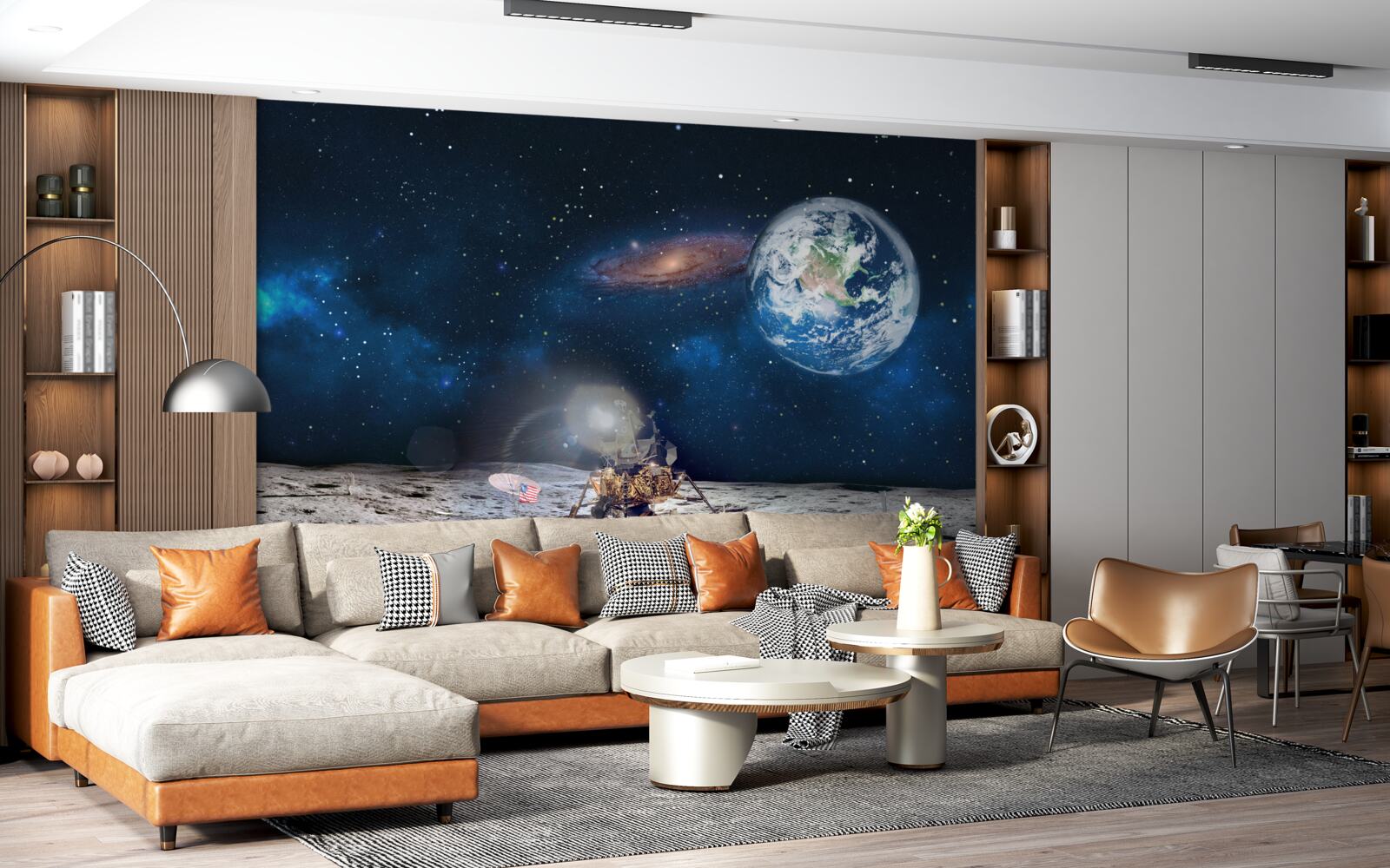 Papier peint vue de la terre depuis la perspective cosmique de la lune avec des éléments futuristes