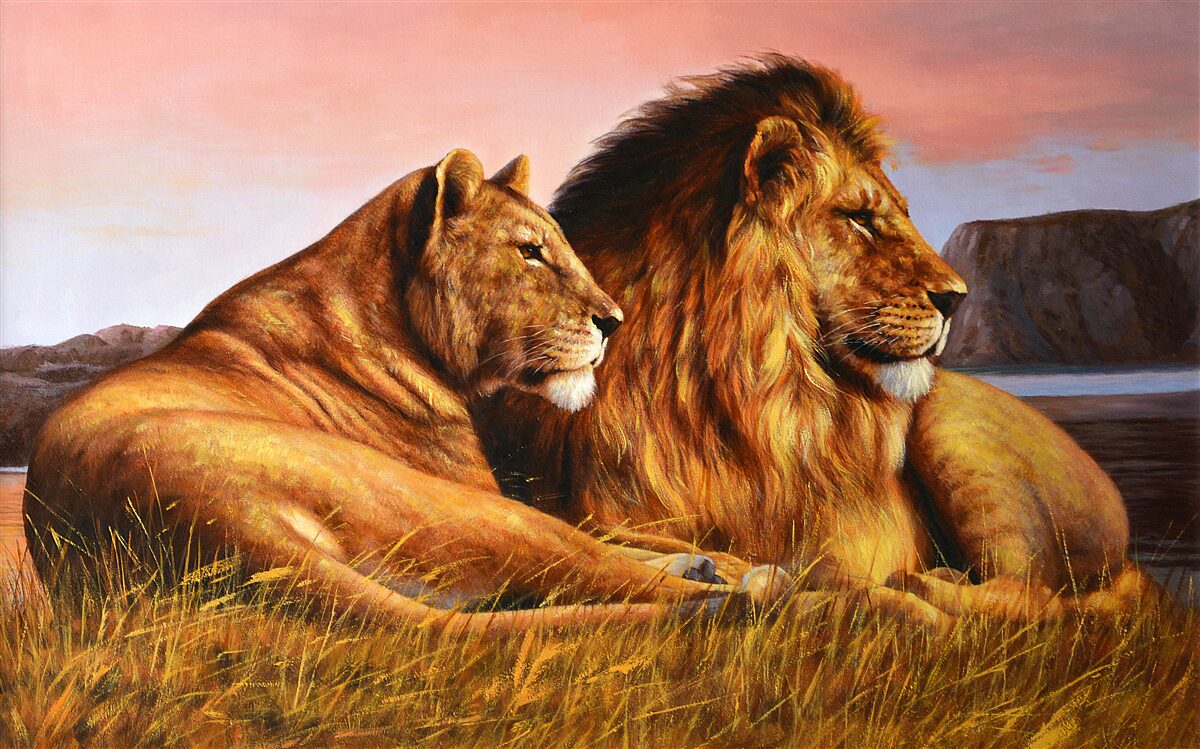 Papier peint la famille lionne veille sur ses enfants