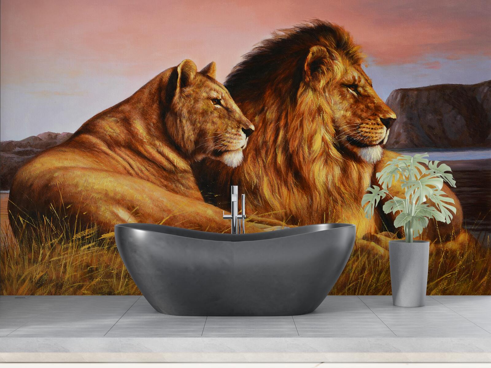 Papier peint la famille lionne veille sur ses enfants