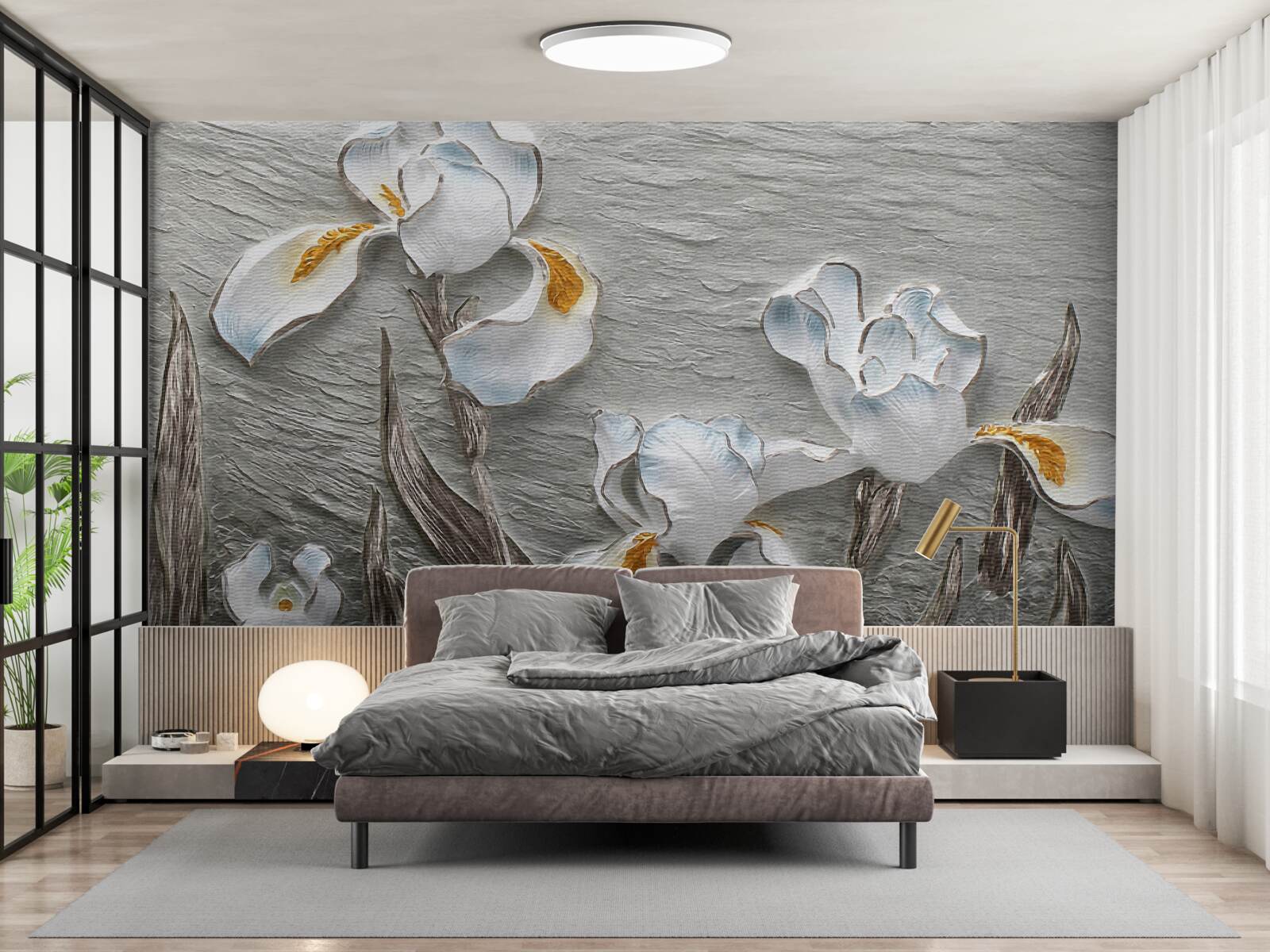 Papier peint Des iris blancs comme neige dans une forte rafale de vent
