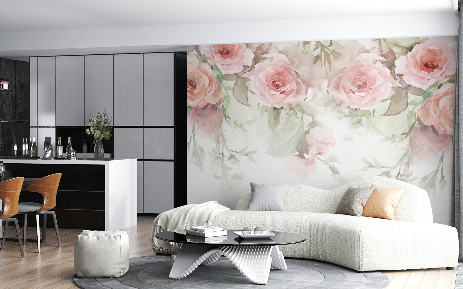 Papier peint d'énormes fleurs roses pendent